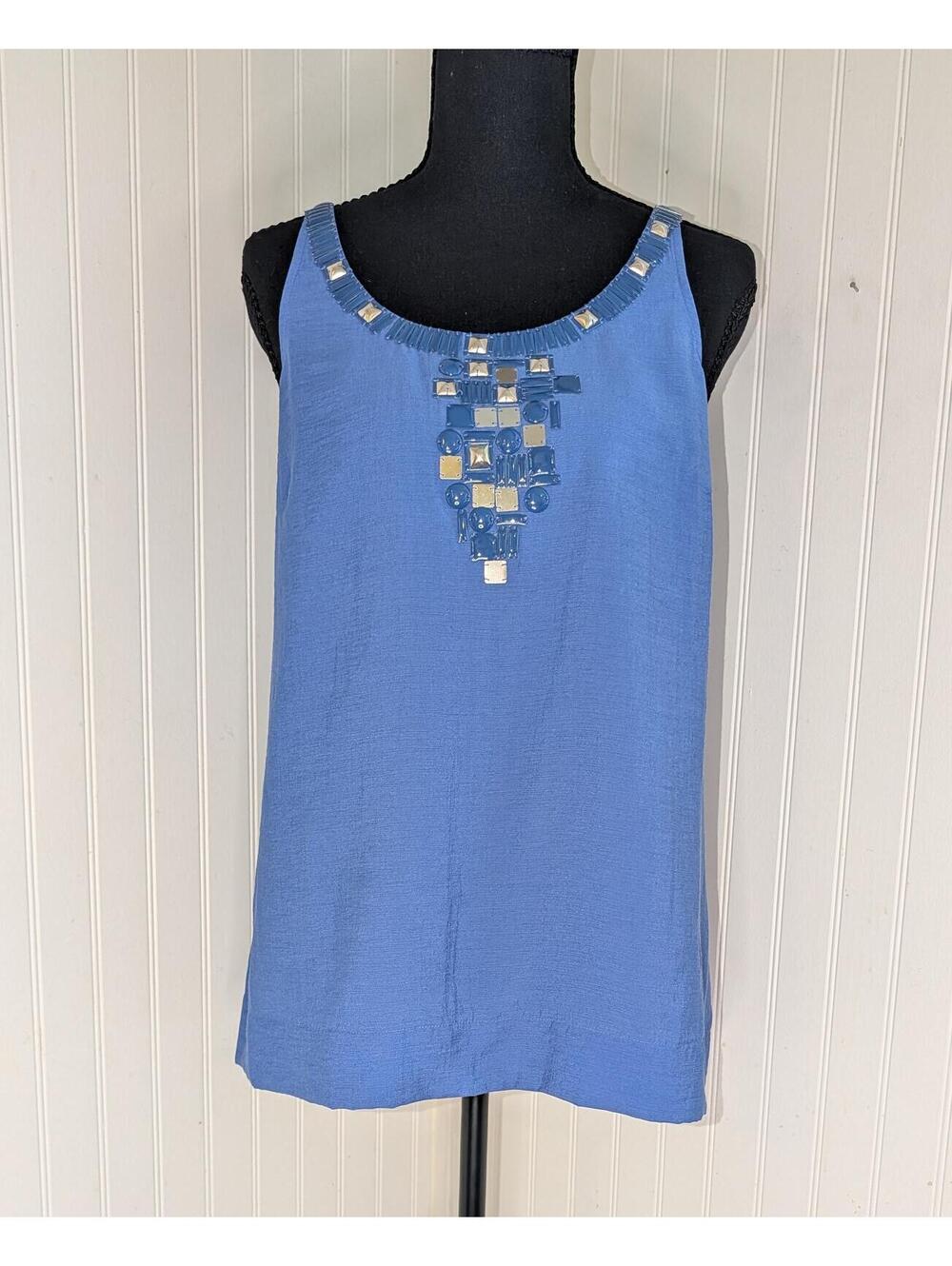 BCBGMAXAZRIA Blue Embellished Sleeveless Top Medium